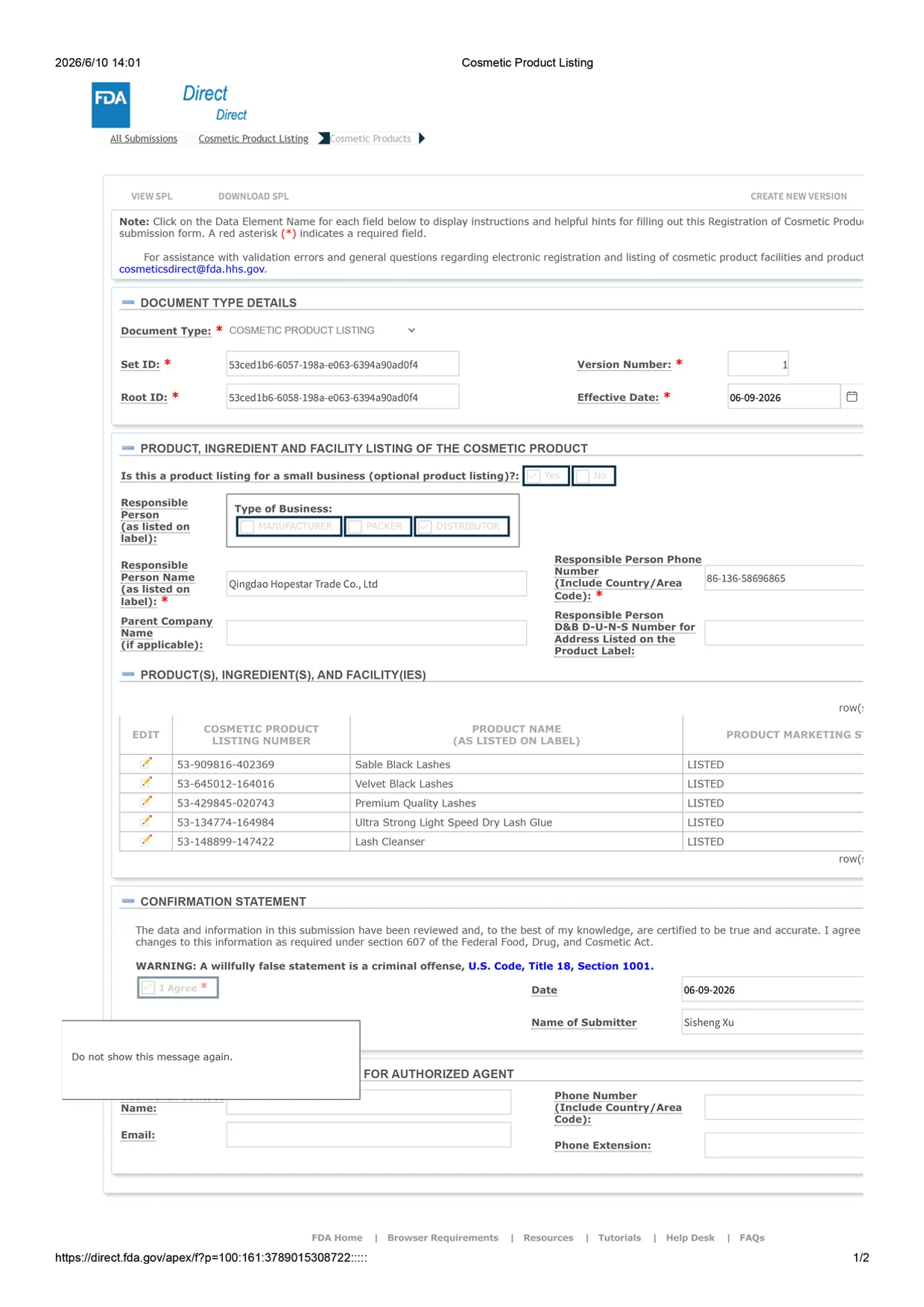 LashPlus U.S. FDA cosmetic product listing — lash, lash adhesive and lash cleanser products listed