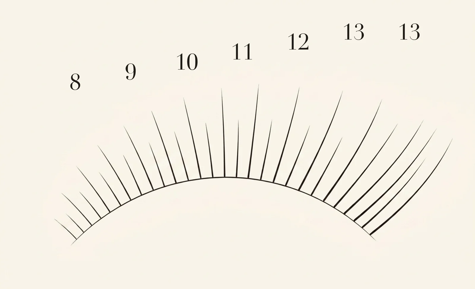 Angel lash map — zone lengths 8, 9, 10, 11, 12, 13, 13 mm