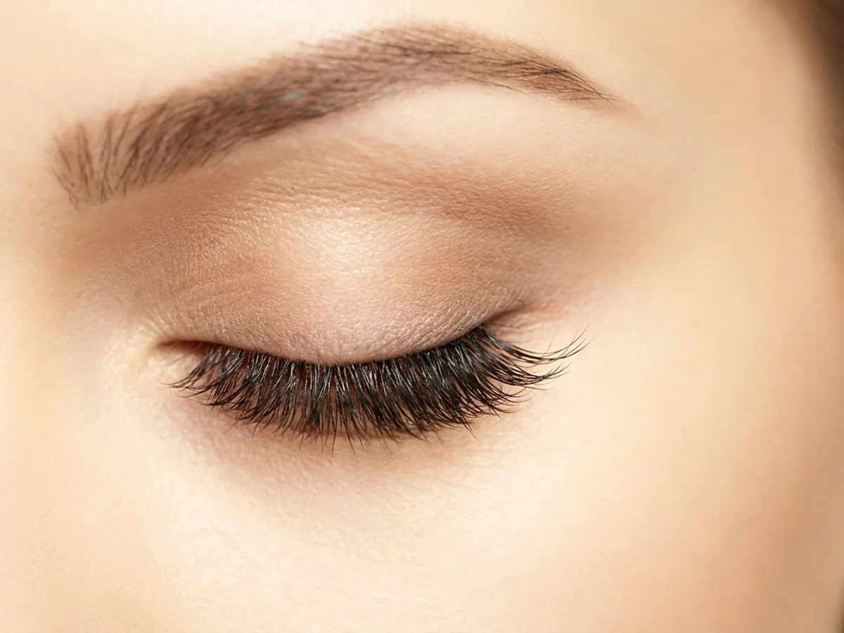 Cat Eye lash style — applied volume set, closed-lid macro
