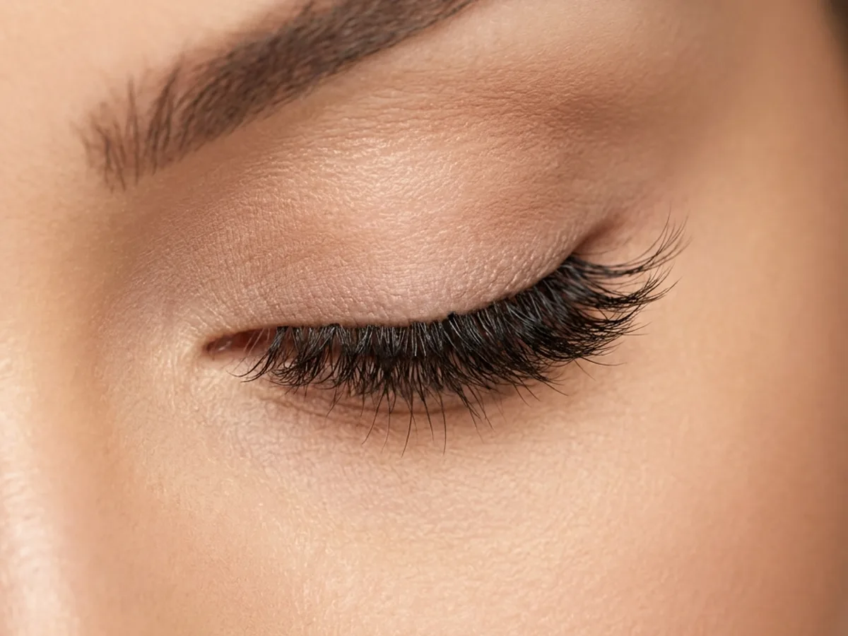 Feathered / Wispy lash style — applied volume set, closed-lid macro
