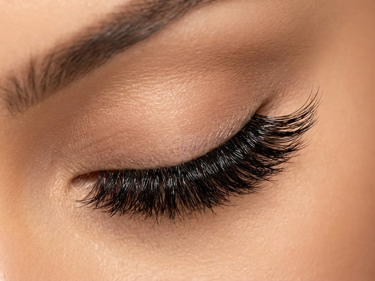 Fox Eye lash style — applied volume set, closed-lid macro