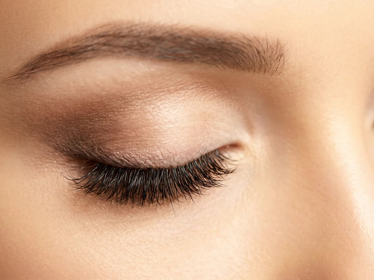 Hybrid lash style — applied volume set, closed-lid macro