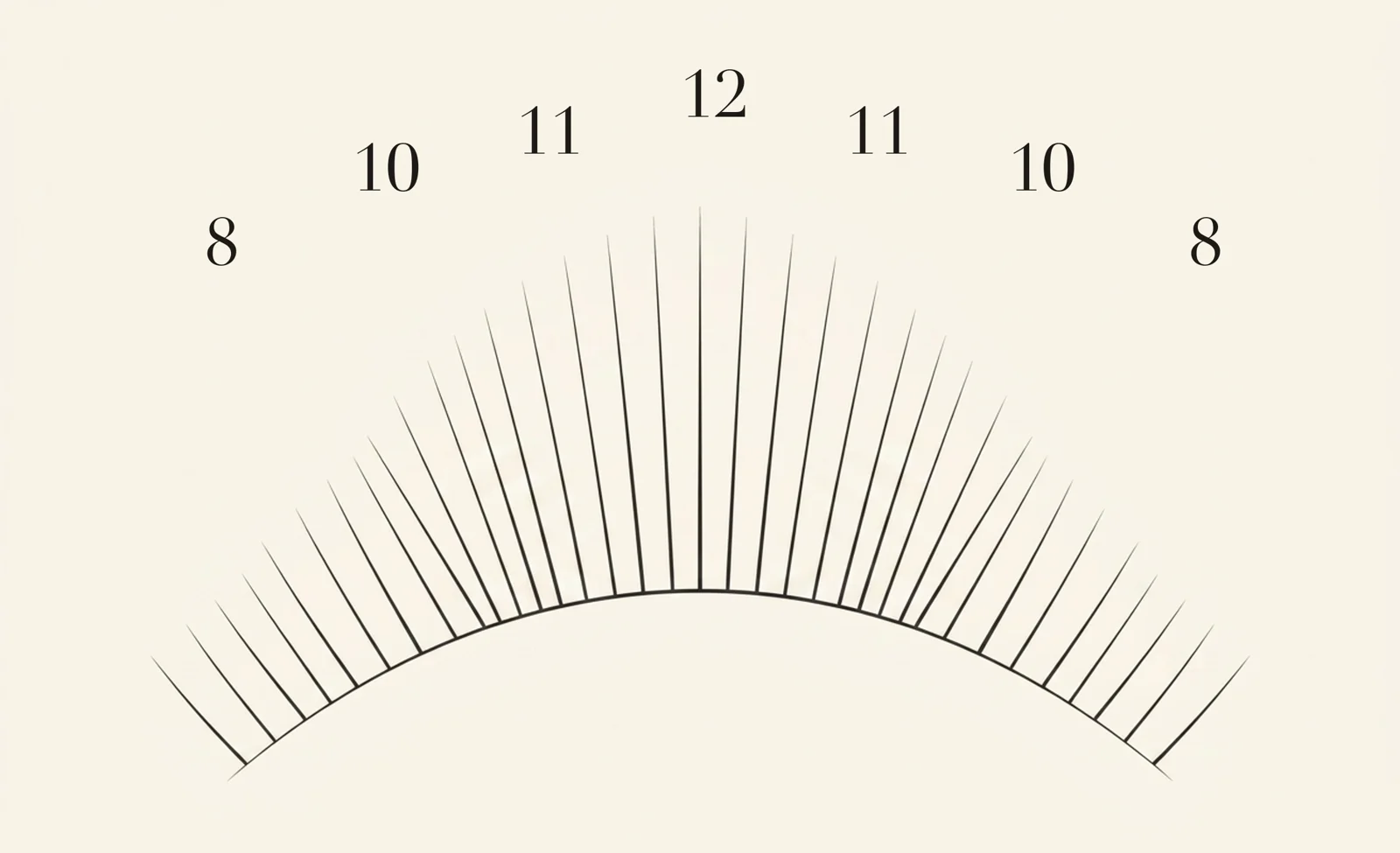 Open Eye lash map — zone lengths 8, 10, 11, 12, 11, 10, 8 mm