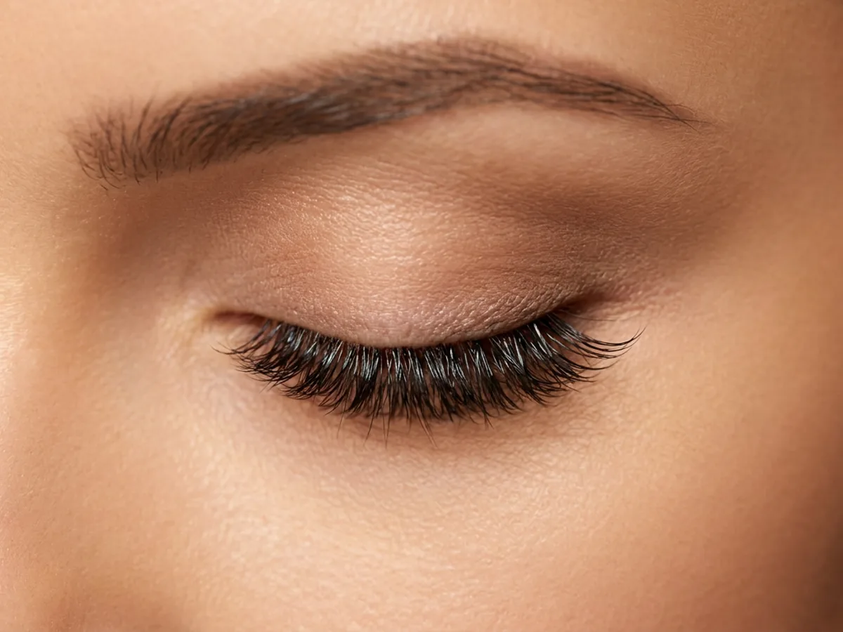 Wet Look lash style — applied volume set, closed-lid macro
