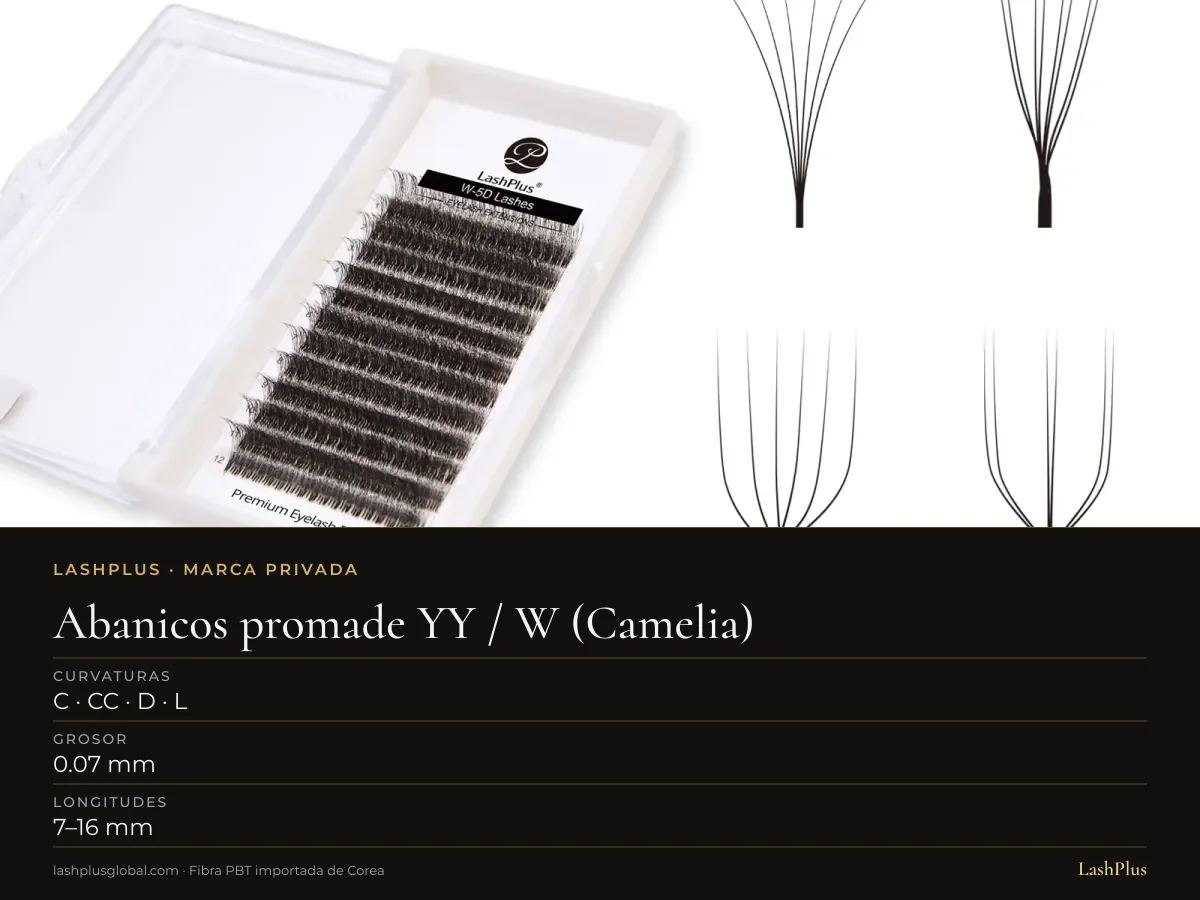 Bandeja LashPlus de abanicos promade YY / W (Camelia) hechos a mano: C · CC · D · L curvatura, 0.07 mm, 7–16 mm