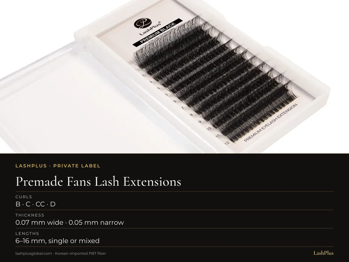LashPlus one-touch premade fan lash extensions tray, 960 fans taped at the base and packed in 16 lines: B · C · CC · D curl, 0.07 mm wide · 0.05 mm narrow, 6–16 mm, single or mixed