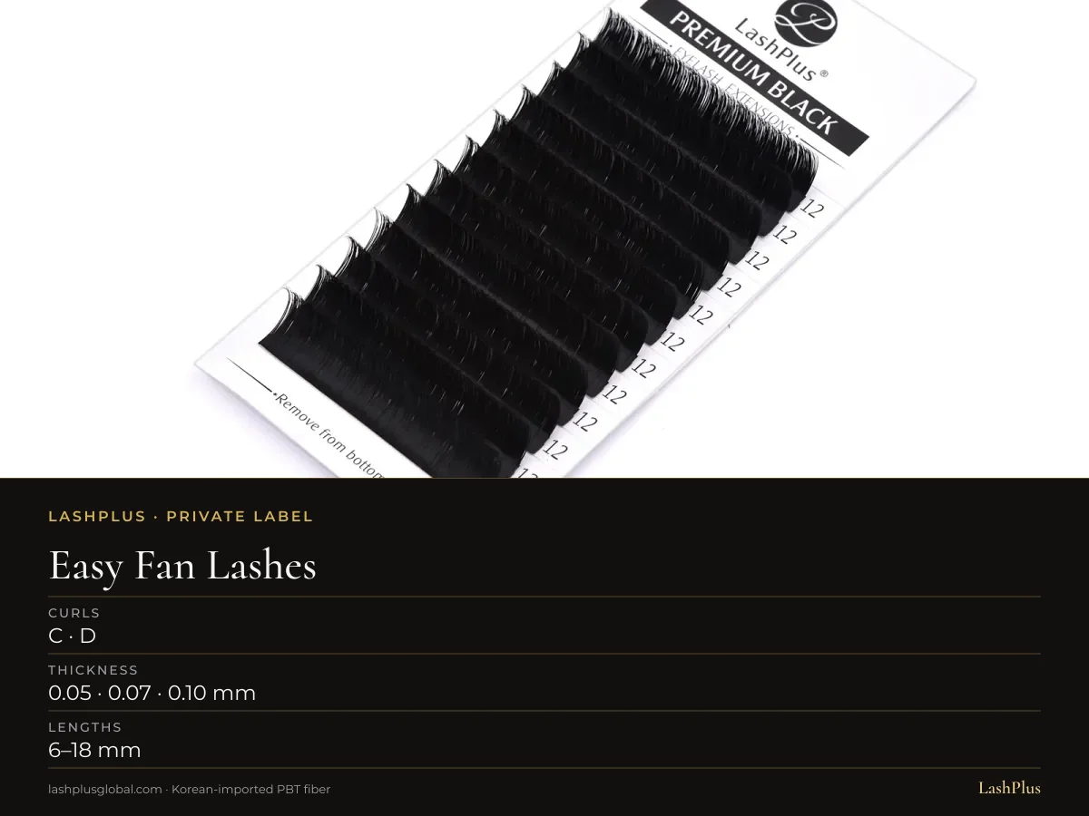 LashPlus easy fan rapid-blooming eyelash extension tray: C · D curl, 0.05 · 0.07 · 0.10 mm, 6–18 mm