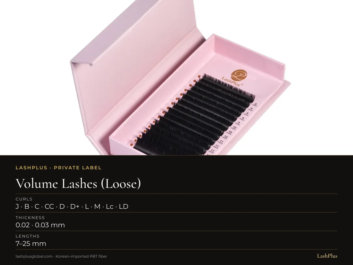 LashPlus Russian volume loose lash tray, pointed base, for hand-fanning: J · B · C · CC · D · D+ · L · M · Lc · LD curl, 7–25 mm